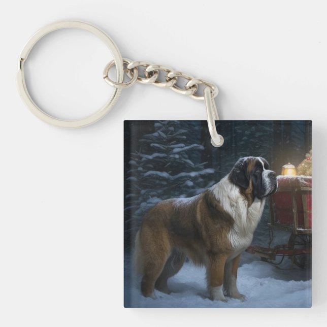 Saint Bernard Snowy Sleigh Christmas Decor Keychain (Front)