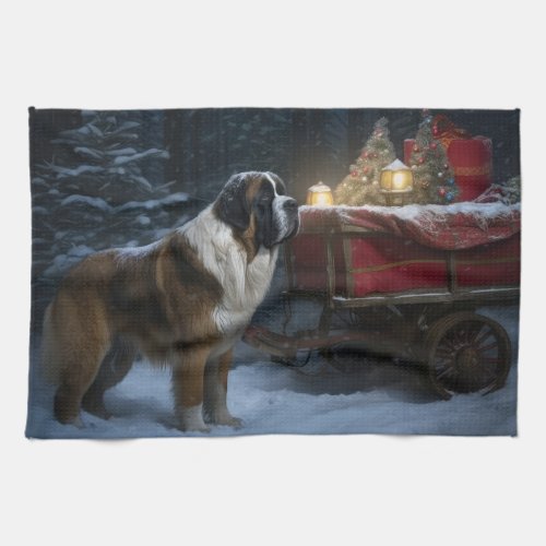 Saint Bernard Snowy Sleigh Christmas Decor Kitchen Towel