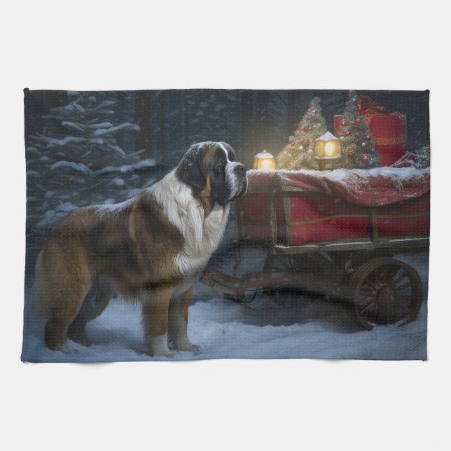 Saint Bernard Snowy Sleigh Christmas Decor Kitchen Towel (Horizontal)