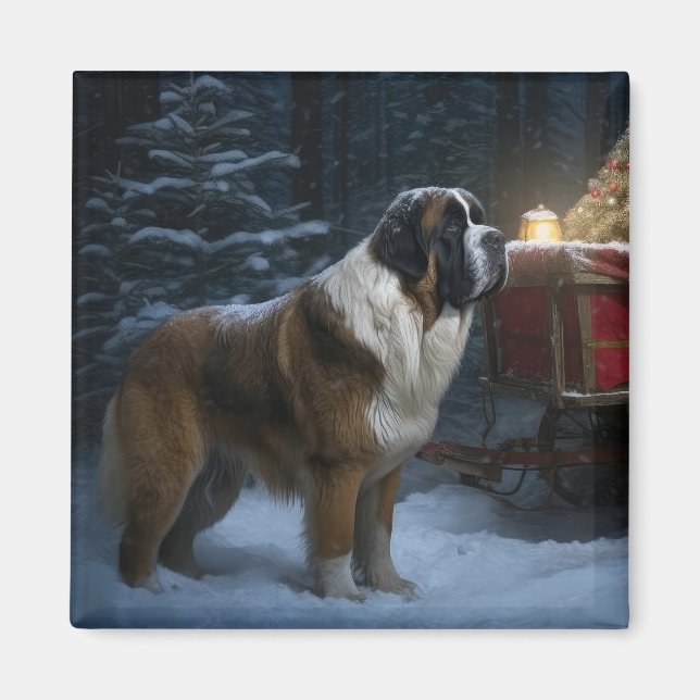 Saint Bernard Snowy Sleigh Christmas Decor Magnet (Front)