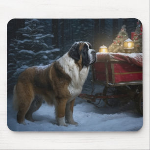 Saint Bernard Snowy Sleigh Christmas Decor Mouse Pad