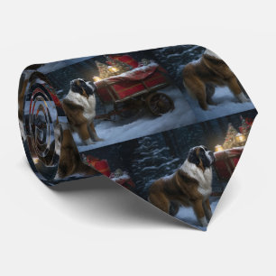 Saint Bernard Snowy Sleigh Christmas Decor Neck Tie