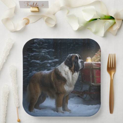 Saint Bernard Snowy Sleigh Christmas Decor Paper Plates