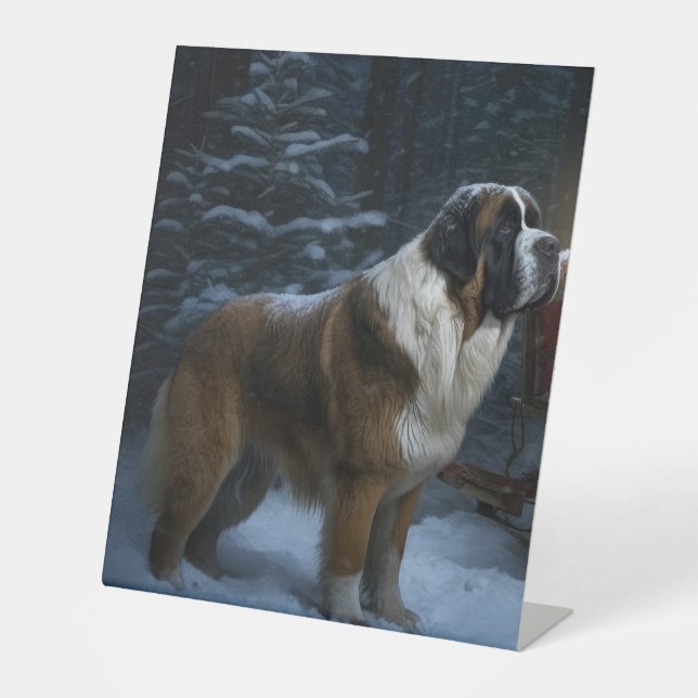 Saint Bernard Snowy Sleigh Christmas Decor Pedestal Sign (Front)