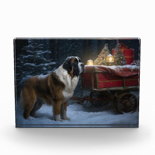 Saint Bernard Snowy Sleigh Christmas Decor Photo Block