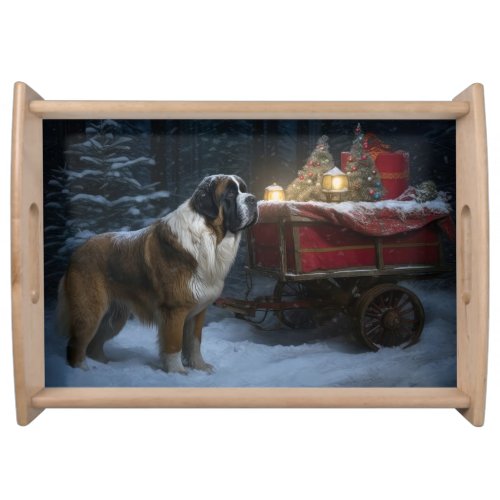 Saint Bernard Snowy Sleigh Christmas Decor Serving Tray