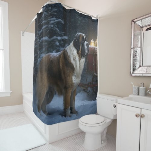 Saint Bernard Snowy Sleigh Christmas Decor Shower Curtain