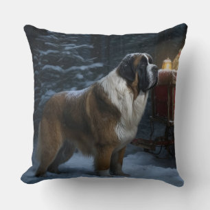 Saint Bernard Snowy Sleigh Christmas Decor Throw Pillow