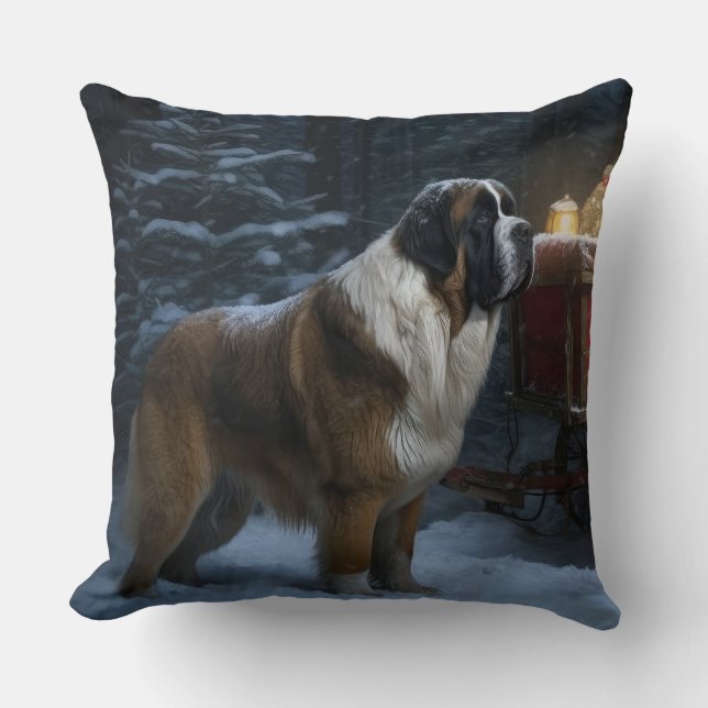 Saint Bernard Snowy Sleigh Christmas Decor Throw Pillow (Front)