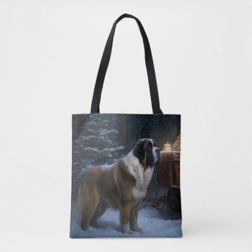 Saint Bernard Snowy Sleigh Christmas Decor Tote Bag