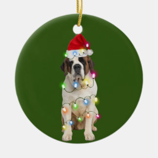 Saint Bernard With Christmas Scafts Santa Ceramic Ornament