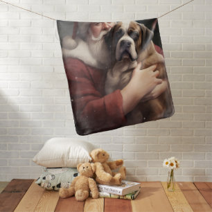 Saint Bernard With Santa Claus Festive Christmas Baby Blanket