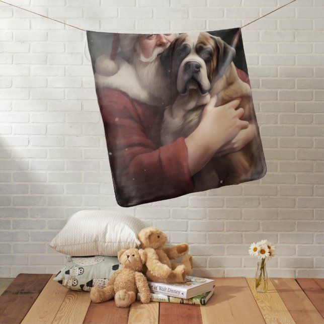 Saint Bernard With Santa Claus Festive Christmas Baby Blanket (In Situ)