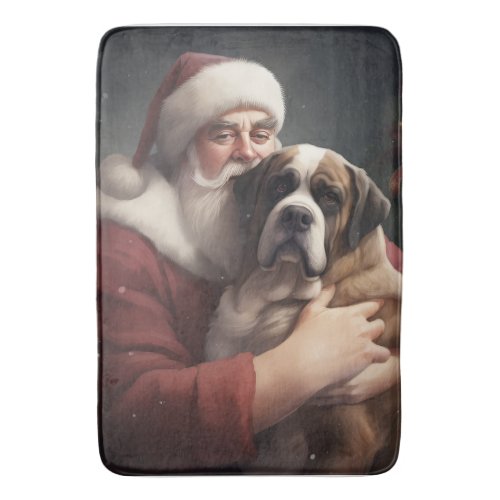 Saint Bernard With Santa Claus Festive Christmas Bath Mat