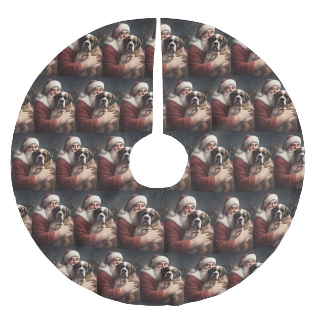 Saint Bernard With Santa Claus Festive Christmas Brushed Polyester Tree Skirt (Front)