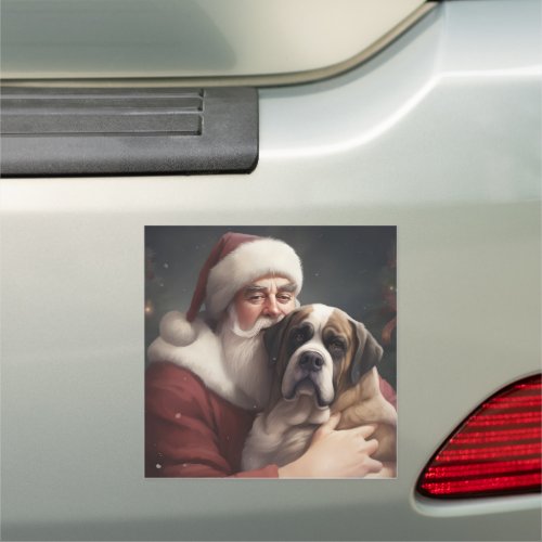 Saint Bernard With Santa Claus Festive Christmas Car Magnet