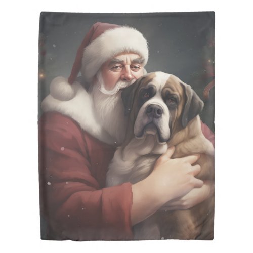 Saint Bernard With Santa Claus Festive Christmas Duvet Cover