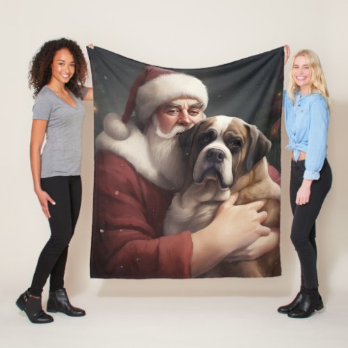 Saint Bernard With Santa Claus Festive Christmas Fleece Blanket