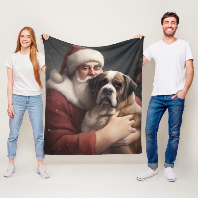 Saint Bernard With Santa Claus Festive Christmas Fleece Blanket (In Situ)