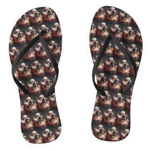 Saint Bernard With Santa Claus Festive Christmas Flip Flops