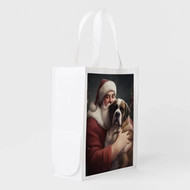 Saint Bernard With Santa Claus Festive Christmas Grocery Bag (Front Side)