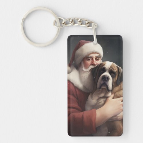 Saint Bernard With Santa Claus Festive Christmas Keychain