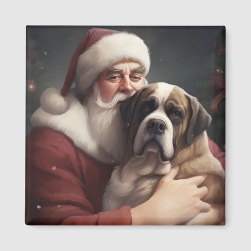 Saint Bernard With Santa Claus Festive Christmas Magnet