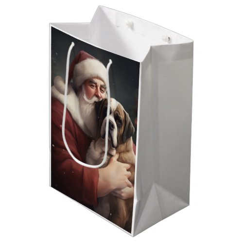 Saint Bernard With Santa Claus Festive Christmas Medium Gift Bag