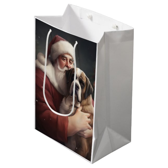 Saint Bernard With Santa Claus Festive Christmas Medium Gift Bag (Front Angled)