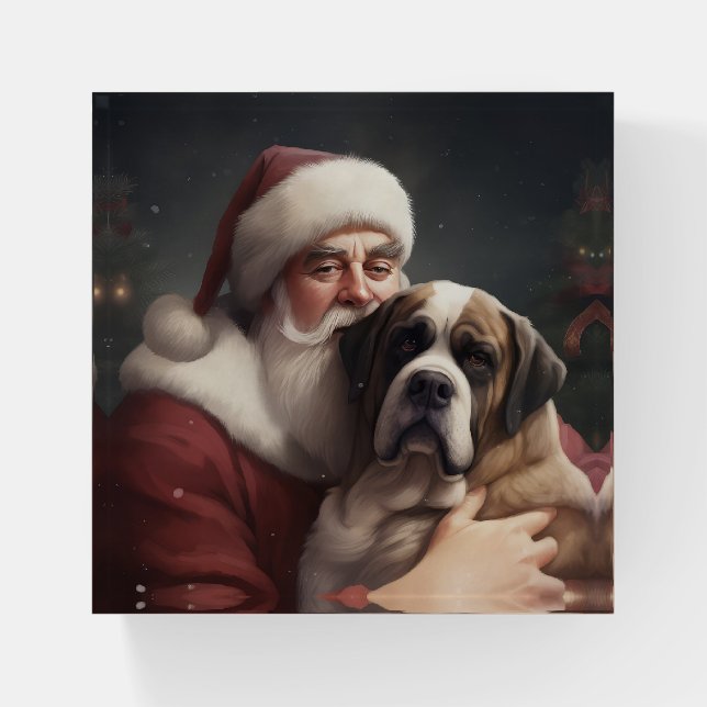 Saint Bernard With Santa Claus Festive Christmas Paperweight (Front)