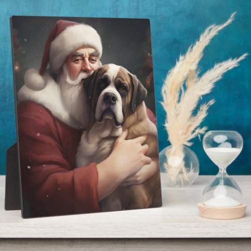 Saint Bernard With Santa Claus Festive Christmas Plaque