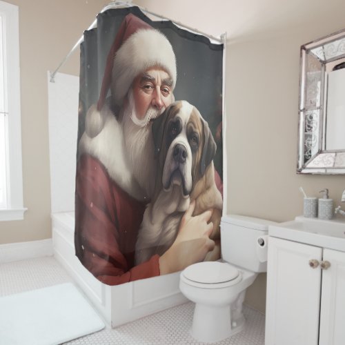 Saint Bernard With Santa Claus Festive Christmas Shower Curtain