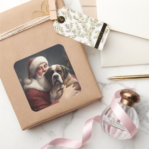 Saint Bernard With Santa Claus Festive Christmas Square Sticker