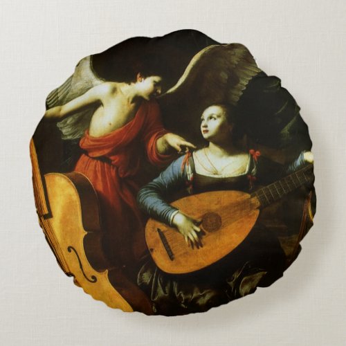 Saint Cecilia and the Angel by Carlo Saraceni Round Pillow