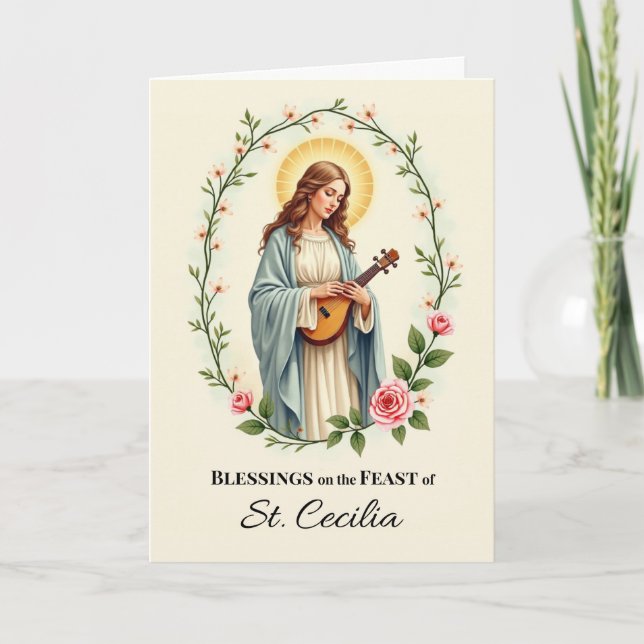 Saint Cecilia Feast Day Blessings Floral Wreath Card (Front)