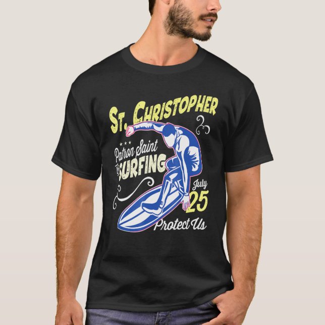 Saint Christopher Surf Patron Saint Of Surfing Cat T-Shirt (Front)