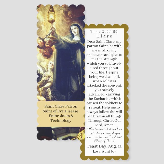 Saint Clare Patron Saint Prayer Card bookmark (Front & Back)