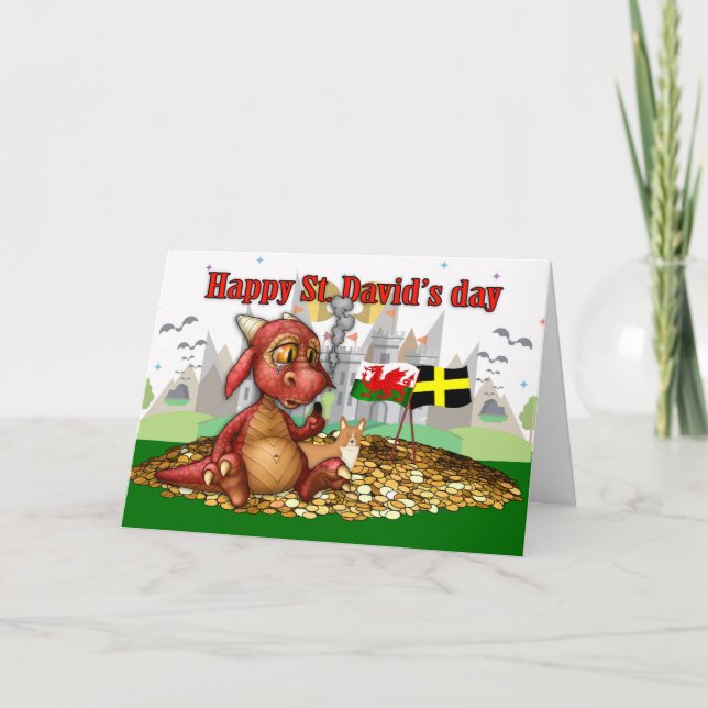 Saint David's Day With Red Dragon, Castles And Cor Card (Front)