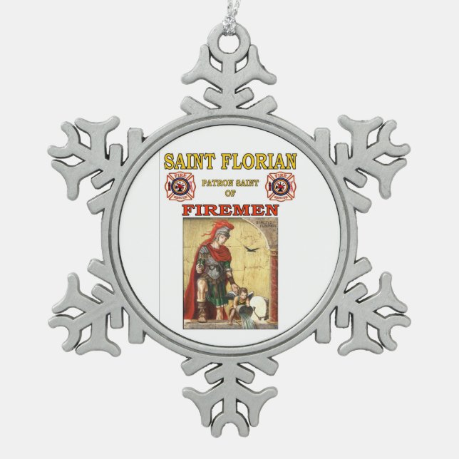 SAINT FLORIAN PATRON SAINT OF FIREFIGHTERS SNOWFLAKE PEWTER CHRISTMAS ORNAMENT (Front)