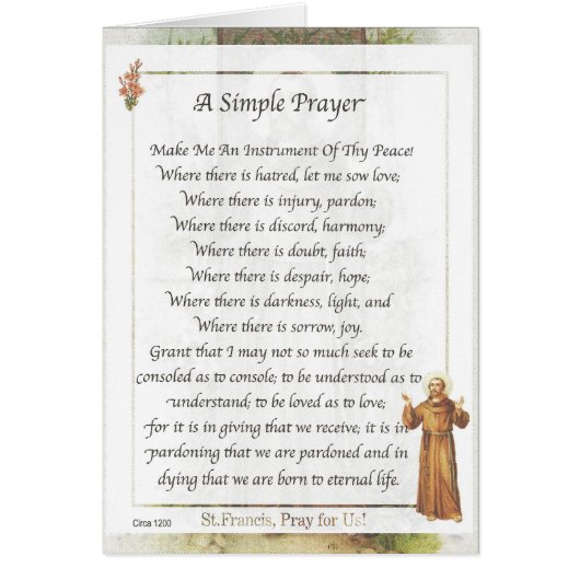 Saint Francis of Assisi A SIMPLE PRAYER for Peace Cards (Front)