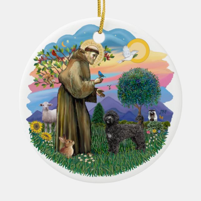Saint Francis - Portuguese Water Dog (black) Ceramic Ornament (Front)