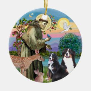 Saint Francis - Two Bernese Mountain Dogs Ceramic Ornament