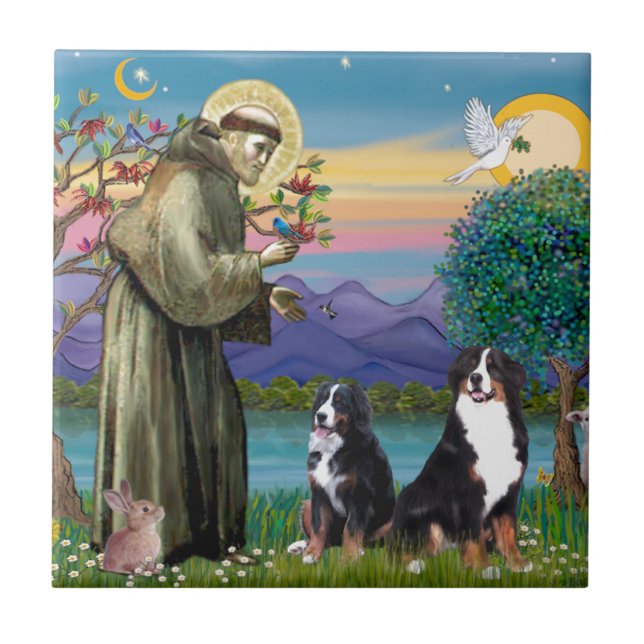 Saint Francis - Two Bernese Mountain Dogs Ceramic Tile (Front)