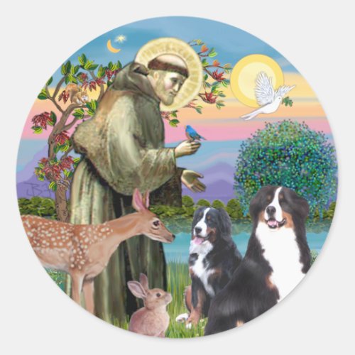 Saint Francis _ Two Bernese Mountain Dogs Classic Round Sticker