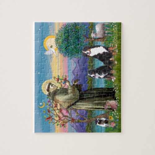 Saint Francis _ Two Bernese Mountain Dogs Jigsaw Puzzle