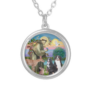 Saint Francis - Two Bernese Mountain Dogs Silver Plated Necklace