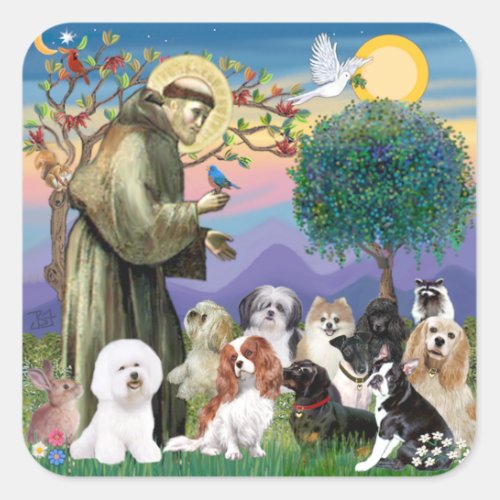 Saint Francis with 10 Dogs Square Sticker