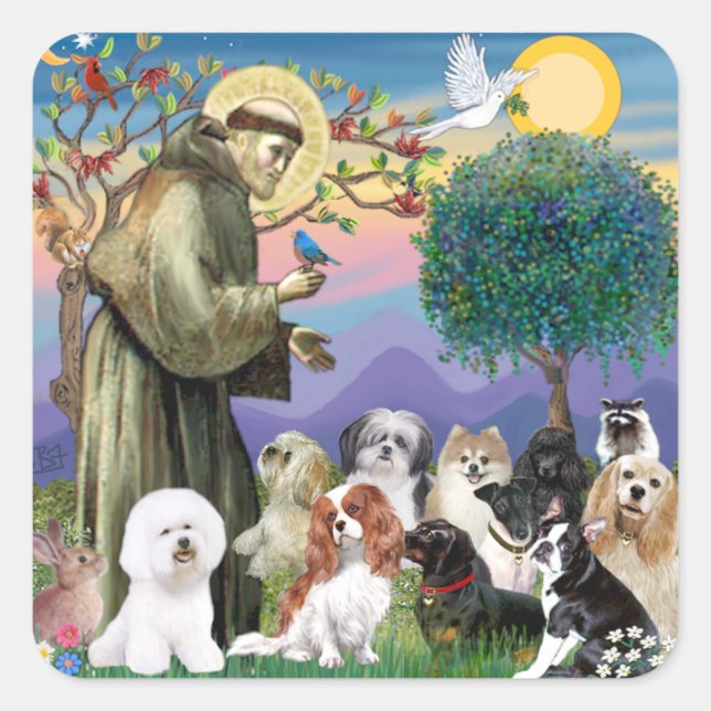 Saint Francis with 10 Dogs Square Sticker (Front)