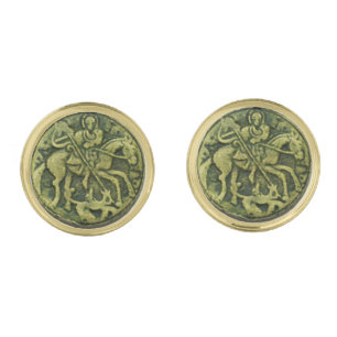SAINT GEORGE AND DRAGON ANTIQUE MEDIEVAL MEDALLION CUFFLINKS