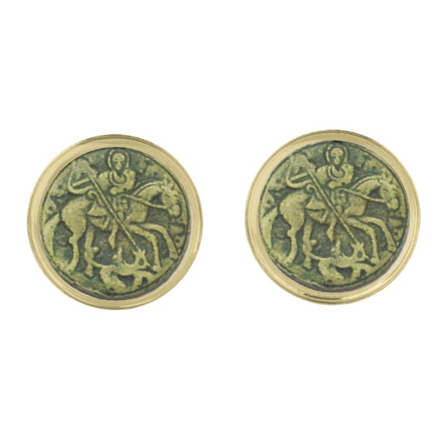 SAINT GEORGE AND DRAGON ANTIQUE MEDIEVAL MEDALLION CUFFLINKS (Front)